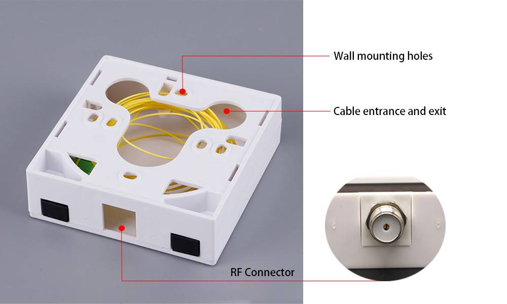 mounting holes ftth desktop optical termination outlet, 2sc connectors, 1 rf for catv application