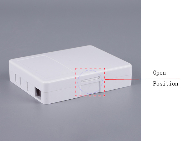 open position ftth fiber optic termination box, 2 sc / lc duplex adapters, splice tray with sleeve holders, drop cable exits, white os1 9/125um