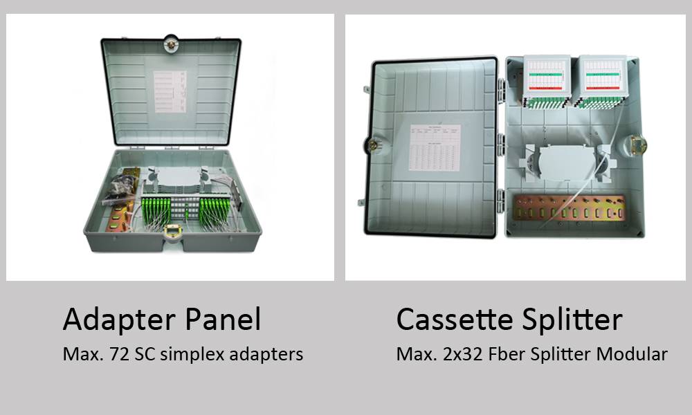 96 cores ftth fiber splice box outdoor pole mount with metal sheet and steel bands, 2x32 splitter cassette or 1x64 mini splitter can be use