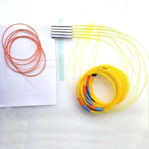 pon splitter 2x8 with ribbon bare fiber 250um, input and output 1.5m, custom fiber coating yellow, red, blue