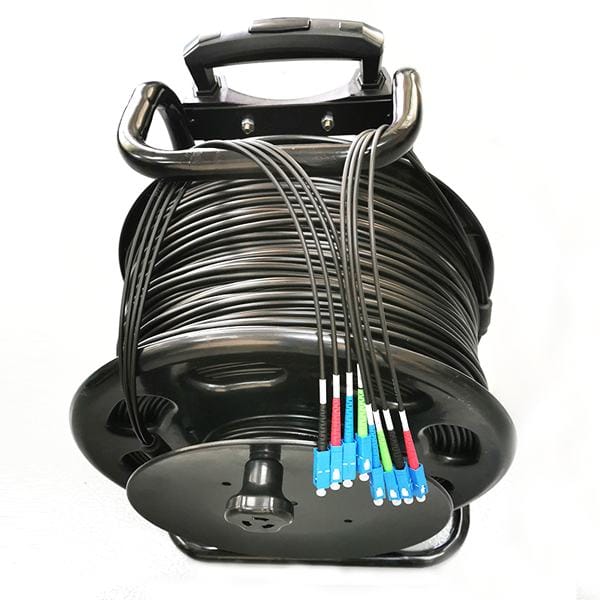 4 core armored fiber jumper cable with sc st fc lc, tpu cable sheath, black, anti uv, very soft, outdoor use, pack with cable car for fast deploying