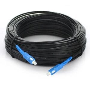 indoor armored patch cord sc upc connectors,with flat drop cable 2x3mm, with 2 steel / frp strength members, g657a2 black or white 30 meter, anti uv lszh