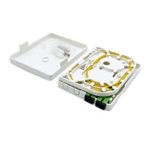 optic wall outlet, 2 sc port, splice tray, white, 2 cable entrance with clip, mounting with screws