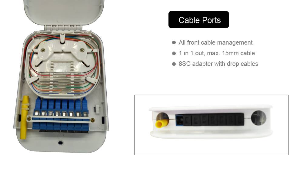fiber optic cable terminal box, 8 cores, front 8sc coupler, large size, low loss il 0.2db