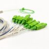 1x9 passive optical splitter gpon plc sc,70:30, hytrel 0.9mm 1mts, in green, out ch1: blue 70%, ch2 9: white 3.75% each
