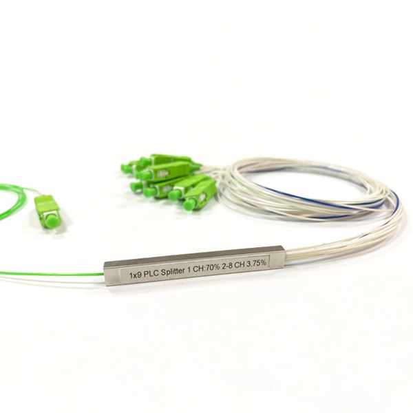 1x9 Passive optical splitter GPON PLC SC,70:30, hytrel 0.9mm 1mts, IN green, Out CH1: blue 70%, CH2-9: white 3.75% each 04 1x9 passive optical splitter gpon plc sc,70:30, hytrel 0.9mm 1mts, in green, out ch1: blue 70%, ch2 9: white 3.75% each