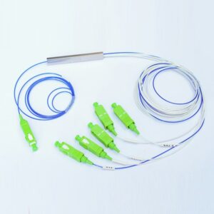 1:5 planar lightwave circuit splitter ratio 60:40, sc upc connectors at both side 1m, g657a1 smf, in red, out ch1: blue 60%, ch2 5: white 10% each (copy)