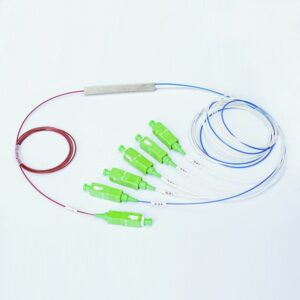 1:6 plc splitter with connector sc apc, unbalanced spliting ratio 60:40,g657a1 smf, in red, out ch1: blue 60%, ch2 5: white 10% each