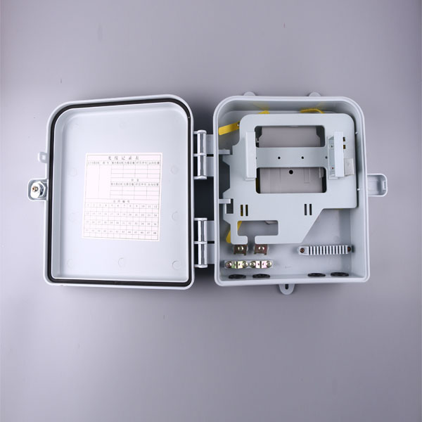 4 port fiber optic box wall mounted, gray, ip65, ul flame retartant, 1:8 splitter cassette module slots, waterproof, key lock