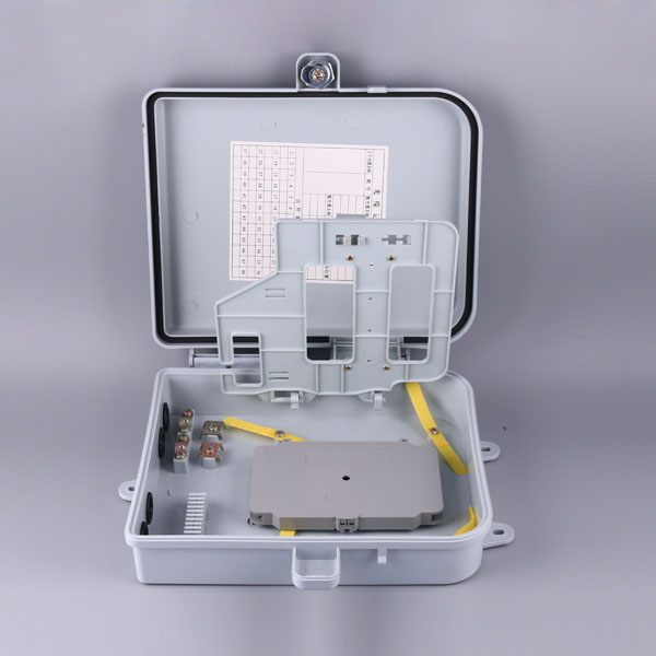 4 port fiber optic box wall mounted, gray, ip65, ul flame retartant, 1:8 splitter cassette module slots, waterproof, key lock