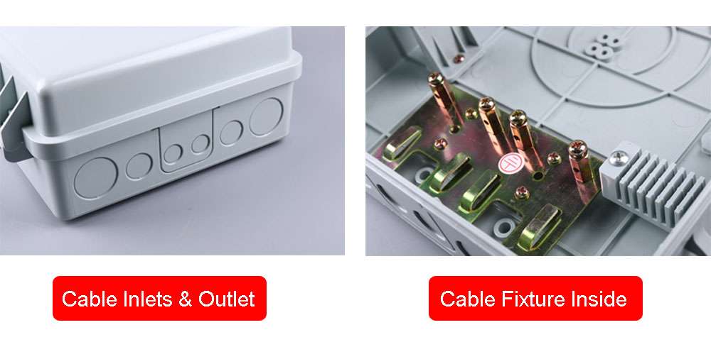 plastic gpon splitter fiber optic wall mount termination box, 2 1:16 or 4 1:8 splitter modules, 2 splice trays for 48 cores splicing, 2 uncut + 4 round ports