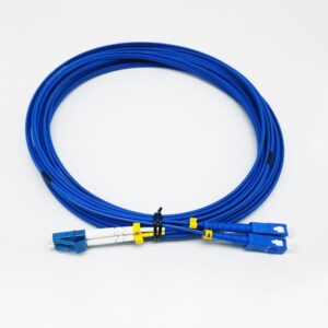 quality armoured lc sc single mode fiber patch cable duplex, zipcord 2 cores corning smf fiber g657a1 lszh 2mm 10m, blue, sc without clip, yellow a b mark