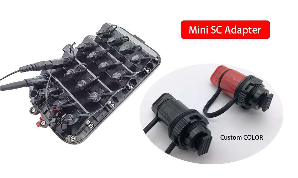 ip68 outdoor pole mount 12 fiber mst tail, flat drop cable entry, 8 mini sc hardened connectors, empty, black (copy)