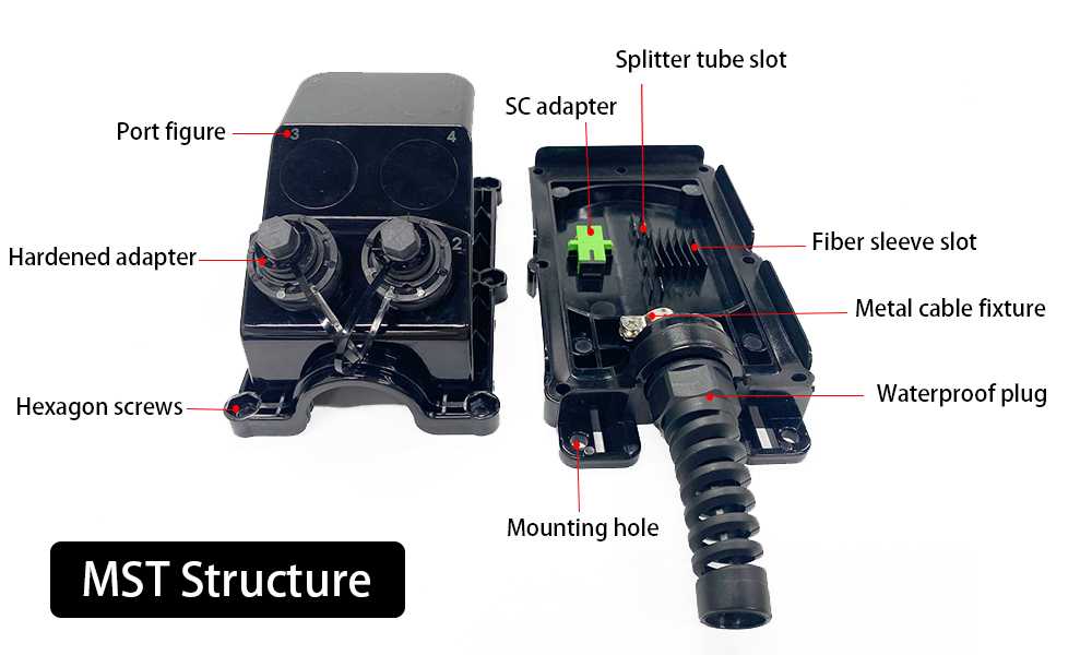 2 port mst fiber serving terminal, wall mount, black, ip68, no load, sc interface for ftth ,ftta field adss cable