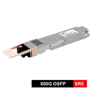 800g osfp transceiver module sr8, 8x100g pam4, mmf 850nm, transmission distance over om3 fiber 60m, om4 100m; power consumption< 14w, tdecq < 4.4db, optical interface mpo 16 apc or 2xmpo 12 apc connectors, ddm