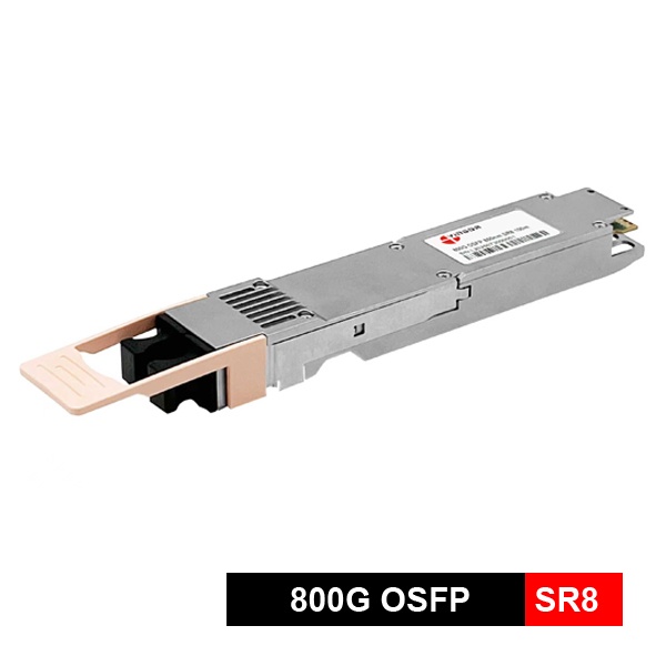 800g osfp transceiver module sr8, 8x100g pam4, mmf 850nm, transmission distance over om3 fiber 60m, om4 100m; power consumption< 14w, tdecq < 4.4db, optical interface mpo 16 apc or 2xmpo 12 apc connectors, ddm
