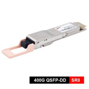 qsfp dd 400g sr8 transcevier, transmission distance over om3 70m, om4 100m, 8 channels 850nm vcsel+pin photodetector array, single mpo 16 upc interface, built in 400g pam4 dsp, supports 425gb/s pam4,with ddm and yellow clasp