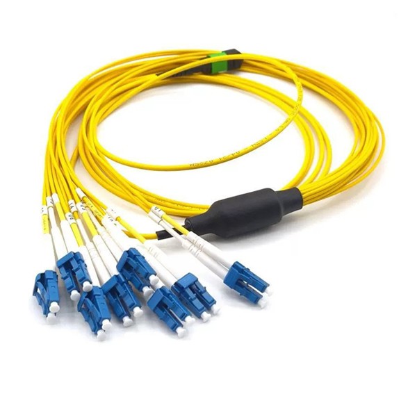 single mode mpo 16 to lc fanout cable, mpo 16 apc green, 6pcs duplex lc/upc blue,g.657a1 lszh 3.0mm yellow, 5mts