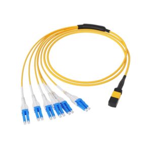 mtp to lc breakout for 100g qsfp28 ethernet, polarity type b, elite loss<0.35db, mtp 12 apc yellow, lc/upc blue, g.657a2 lszh 3mm 1mts